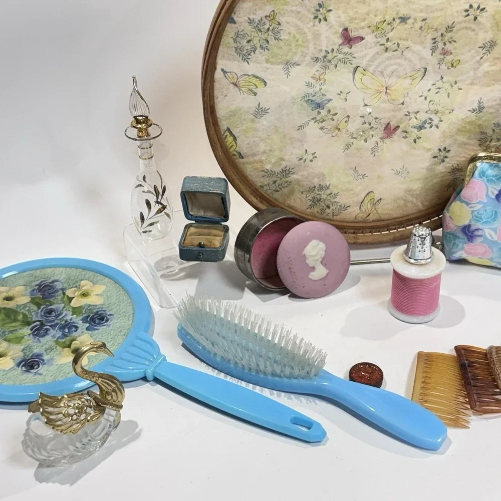 Curated Vintage 50s/60s Vanity Lot Tray Purfume Bottles Mirror Brush Etc
